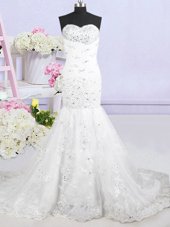 Mermaid Sleeveless Brush Train Beading and Lace and Appliques Lace Up Wedding Dress