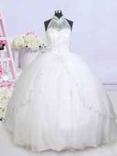 White Tulle Lace Up Halter Top Sleeveless With Train Wedding Dress Brush Train Beading and Appliques