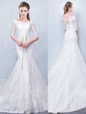 Shining Mermaid White Scoop Lace Up Lace Wedding Gown Court Train Half Sleeves