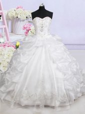 Pretty Organza Sleeveless With Train Wedding Dresses Brush Train and Beading and Appliques and Pick Ups