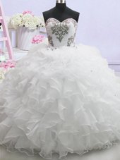 Sleeveless Brush Train Lace Up With Train Beading and Ruffled Layers Wedding Dress