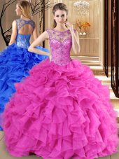 Scoop Beading and Ruffles Vestidos de Quinceanera Hot Pink Lace Up Sleeveless Floor Length