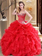 Ideal Red Quinceanera Dress Military Ball and Sweet 16 and Quinceanera and For with Beading and Ruffles Sweetheart Sleeveless Lace Up