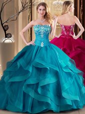 Comfortable Sleeveless Tulle Floor Length Lace Up Quinceanera Dresses in Teal for with Embroidery and Ruffles