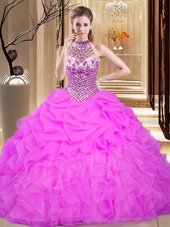 Cute Halter Top Lilac Lace Up Quinceanera Dresses Beading and Ruffles and Pick Ups Sleeveless Floor Length