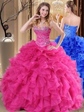 Fitting Organza Sweetheart Sleeveless Lace Up Beading and Ruffles Ball Gown Prom Dress in Hot Pink