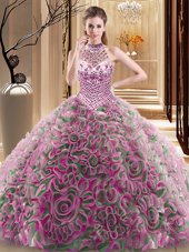 Modern With Train Multi-color Quinceanera Dresses Halter Top Sleeveless Brush Train Lace Up