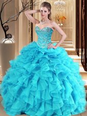 Ball Gowns 15 Quinceanera Dress Aqua Blue and Turquoise Sweetheart Organza Sleeveless Floor Length Lace Up