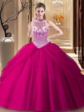 Free and Easy Halter Top With Train Fuchsia 15th Birthday Dress Tulle Brush Train Sleeveless Beading and Pick Ups