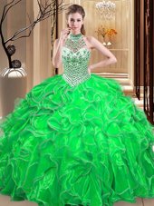 Ball Gowns Halter Top Sleeveless Organza Floor Length Lace Up Beading and Ruffles Quinceanera Gown