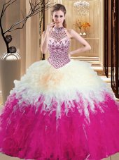 Glamorous Multi-color Quinceanera Gown Military Ball and Sweet 16 and Quinceanera and For with Beading and Ruffles Halter Top Sleeveless Lace Up