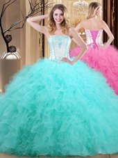 Blue Tulle Lace Up Strapless Sleeveless Floor Length Sweet 16 Dresses Embroidery