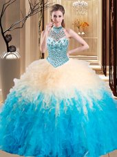 Flirting Multi-color Ball Gowns Tulle Halter Top Sleeveless Beading and Ruffles Floor Length Lace Up Sweet 16 Dresses