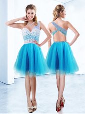 Designer One Shoulder Knee Length A-line Sleeveless Baby Blue Cocktail Dresses Criss Cross