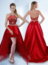 Red Zipper Halter Top Beading Cocktail Dresses Satin Sleeveless