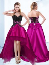 Amazing Sweetheart Sleeveless Cocktail Dresses High Low Appliques Fuchsia Satin