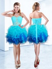 Classical Sweetheart Sleeveless Pageant Dress Wholesale Knee Length Beading and Ruffles and Ruching Blue Organza