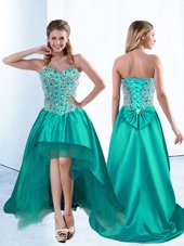 High Low Lace Up Cocktail Dresses Teal and In for Prom and Party with Beading and Bowknot