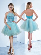 Gorgeous Halter Top Sleeveless Knee Length Beading Zipper Cocktail Dresses with Light Blue