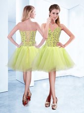 Yellow Green Sleeveless Knee Length Beading Lace Up Cocktail Dress