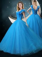 Blue Lace Up Quinceanera Dresses Appliques Cap Sleeves Floor Length