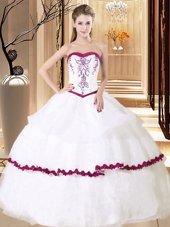 Ideal Ruffled Floor Length Ball Gowns Sleeveless White Quinceanera Gown Lace Up